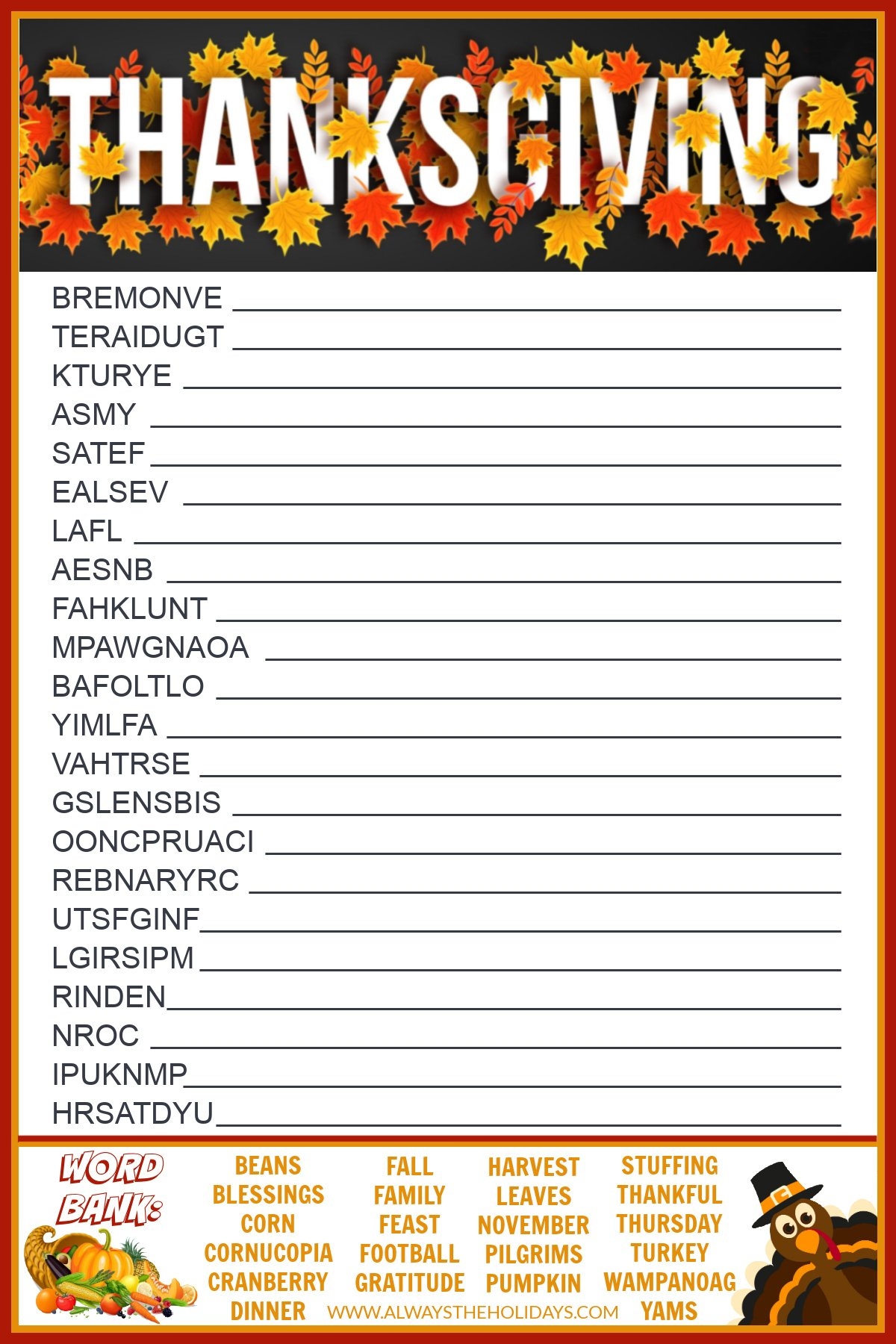 Get A Free Printable Thanksgiving Word Scramble With Answers