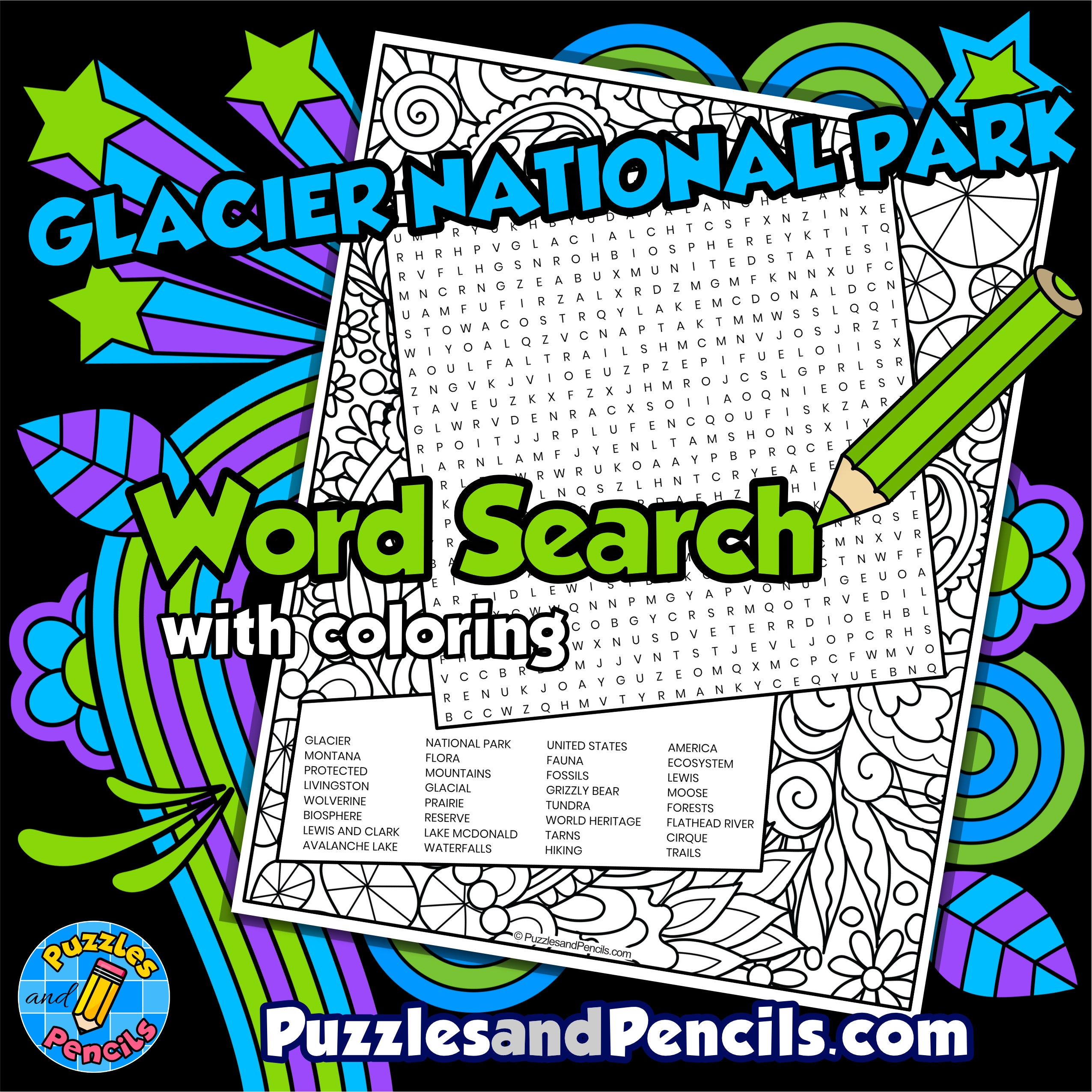 Glacier National Park Word Search Puzzle With Coloring National Park Wordsearch Made By Teachers