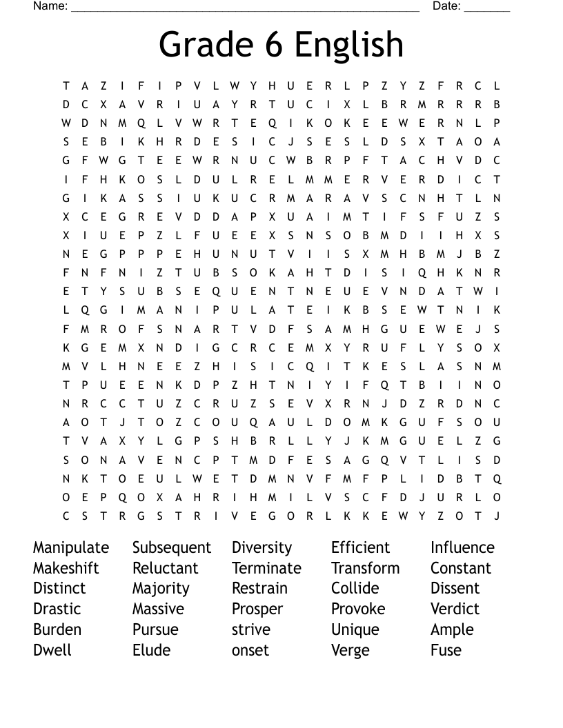 Grade 6 English Word Search WordMint