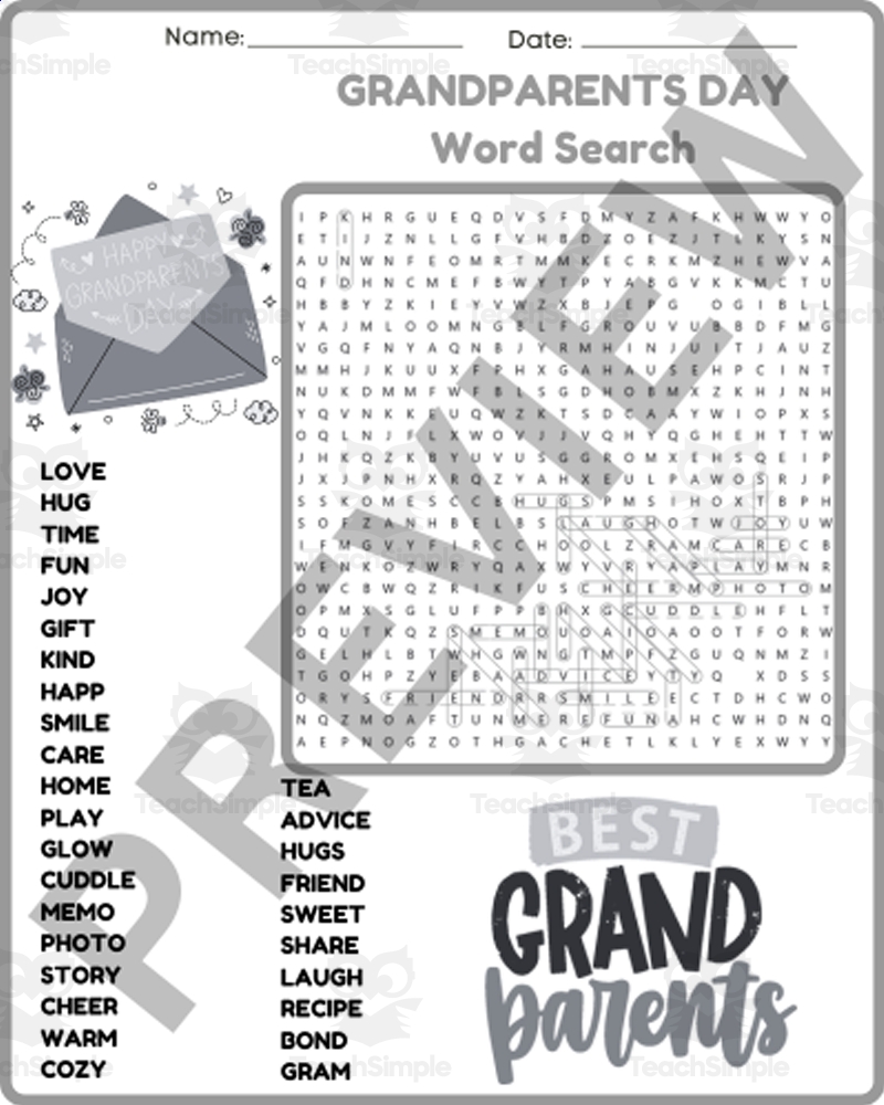 GRANDPARENTS DAY Word Search Puzzle Worksheet Activity By Teach Simple