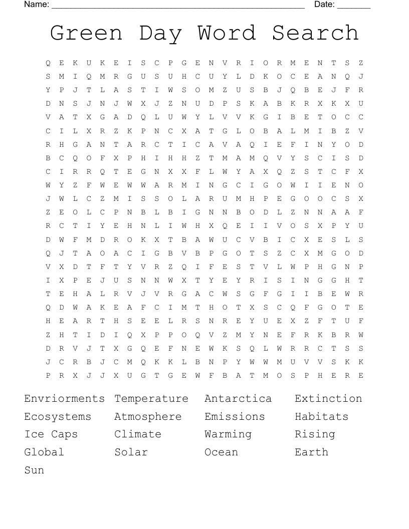 Green Day Word Search WordMint