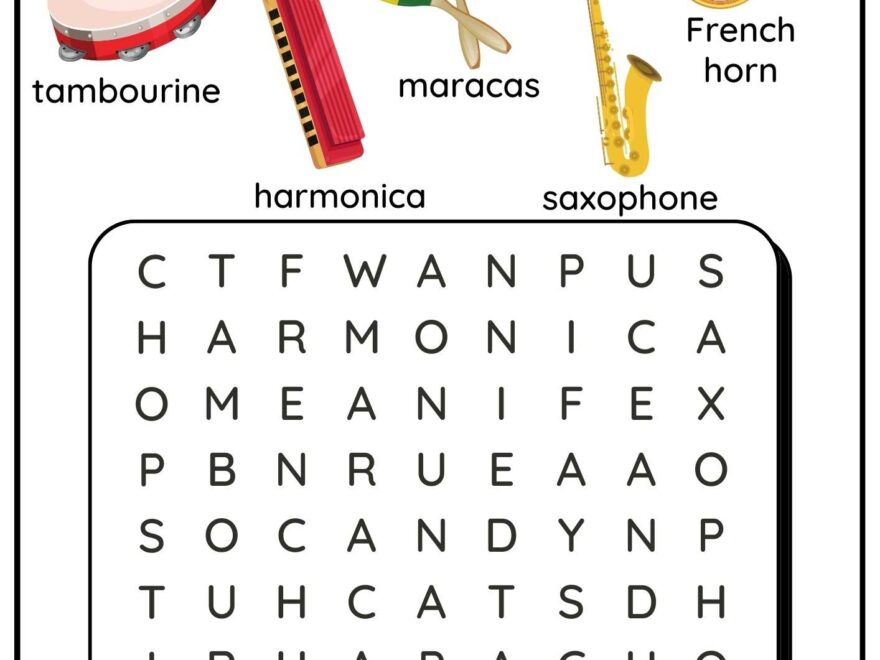 Group One Musical Instruments Word Search Worksheet Free PDF Download Ezpzlearn