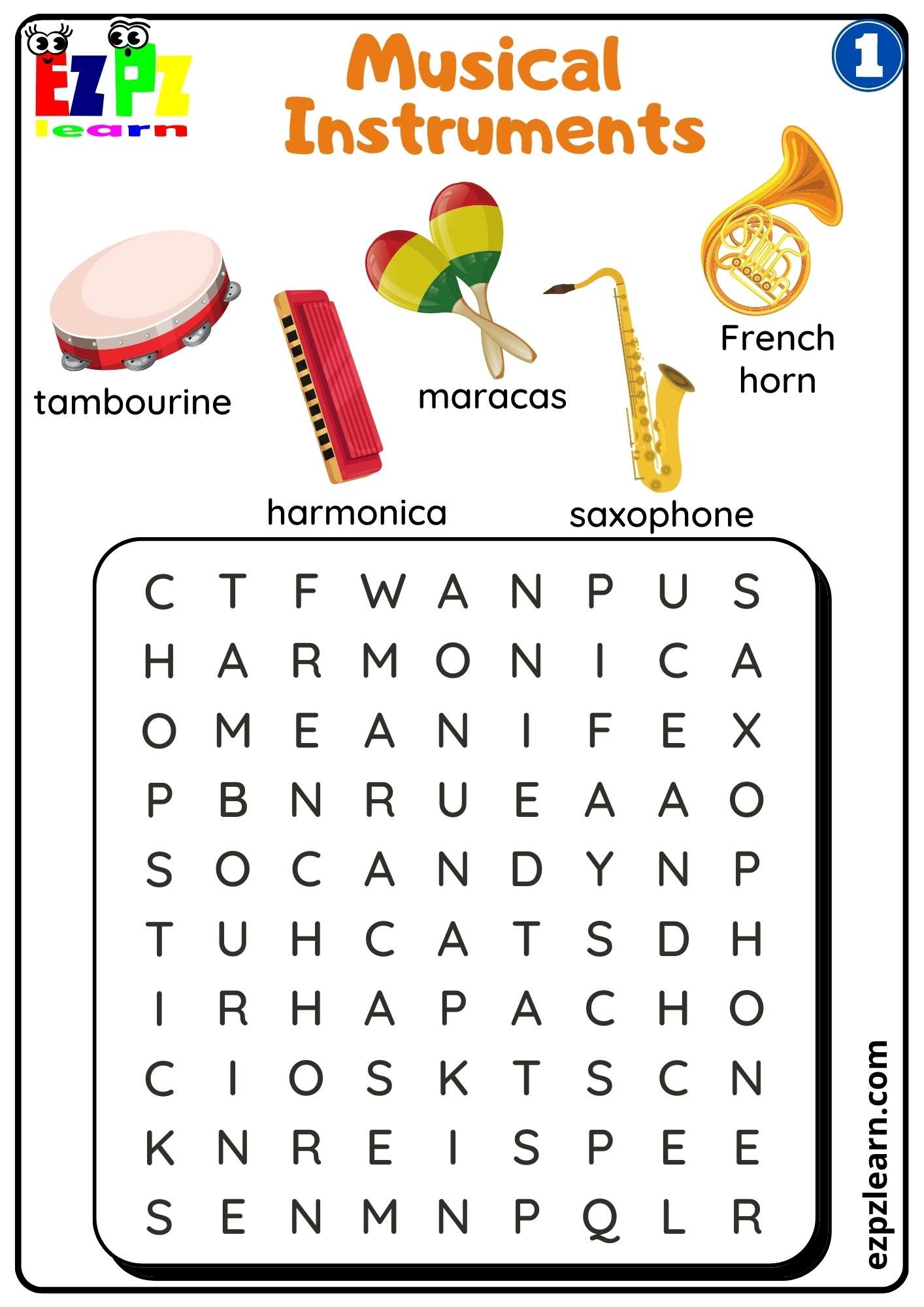 Group One Musical Instruments Word Search Worksheet Free PDF Download Ezpzlearn
