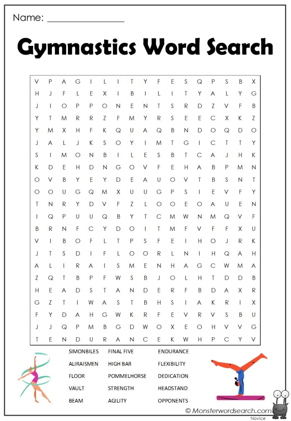 Gymnastics Word Search Monster Word Search
