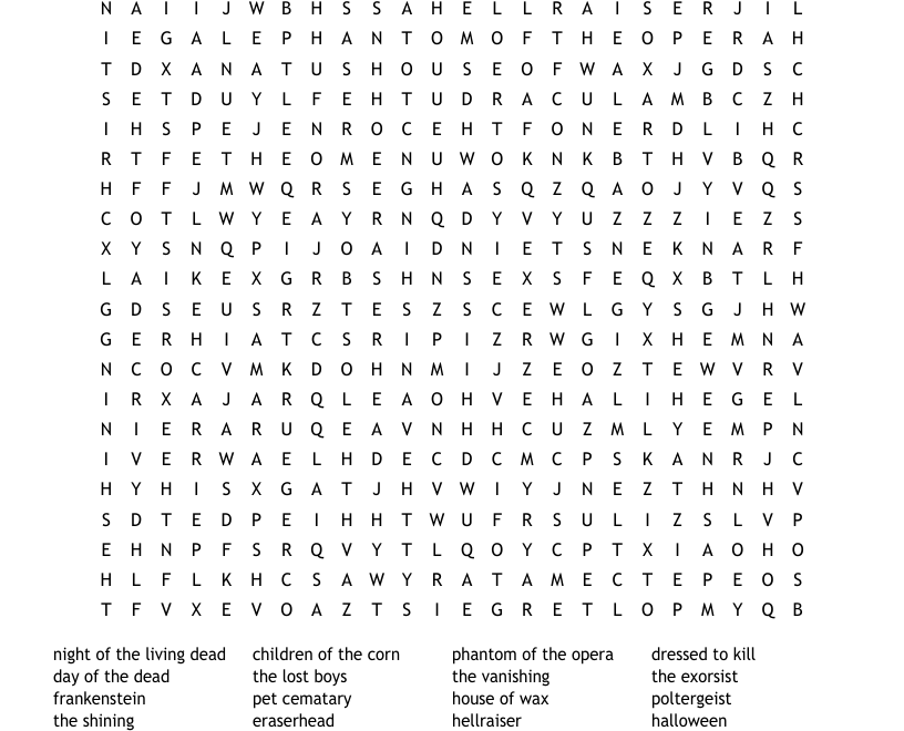 Halloween Movies Word Search WordMint