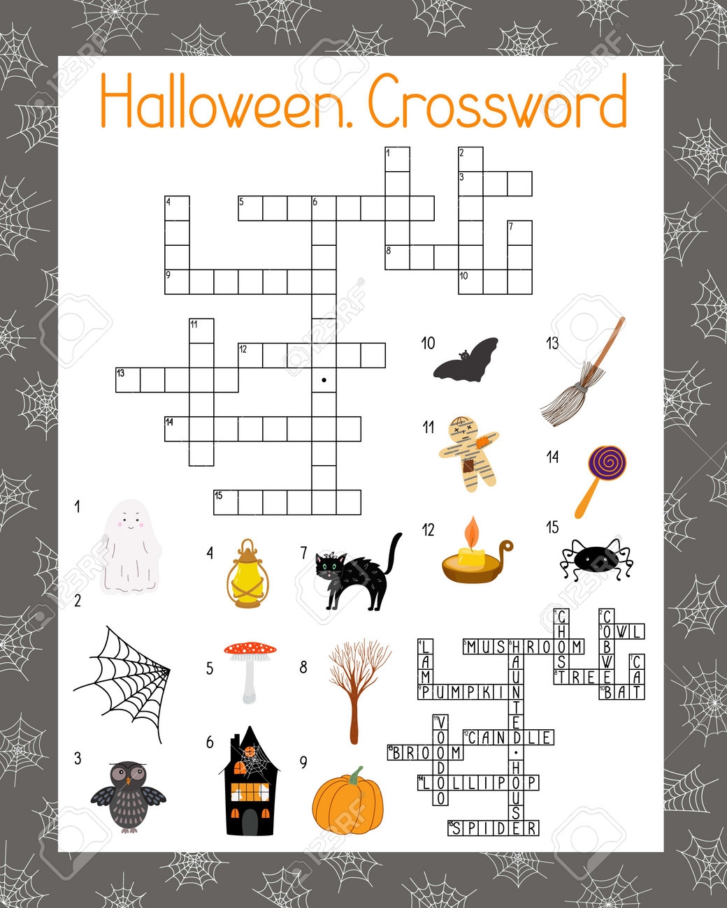 halloween seasonal crossword activities word search puzzle autumn fall holidays vector illustration printable worksheet for kids educational or leisure game seasonal topical english vocabulary royalty free svg cliparts vectors and stock