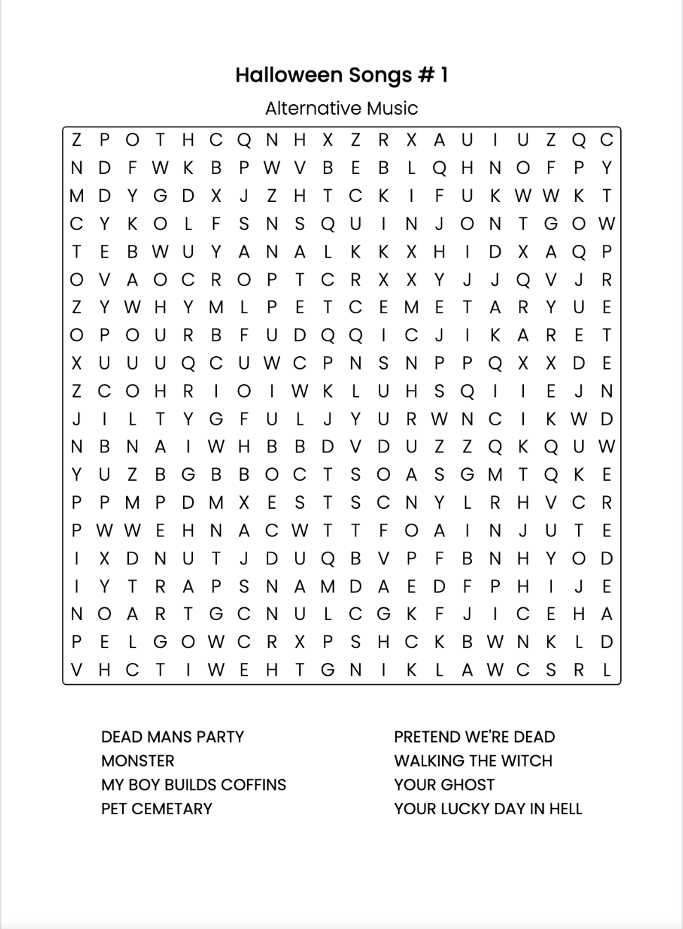 Halloween Songs Alternative Music Word Search For Adults Totally Content Shop Vinyl CD Cassettes Other Music themed Merch