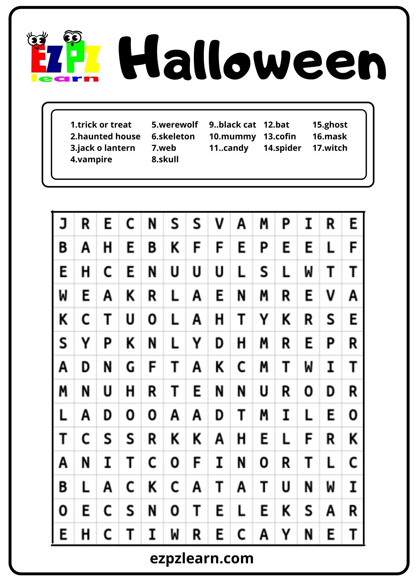 Halloween Word Search Ezpzlearn