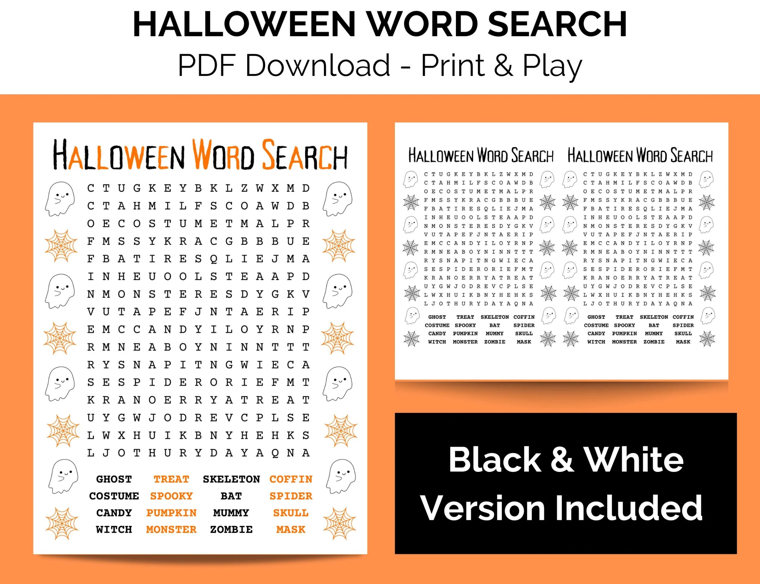 Halloween Word Search For Kids Printable PDF Black White Etsy
