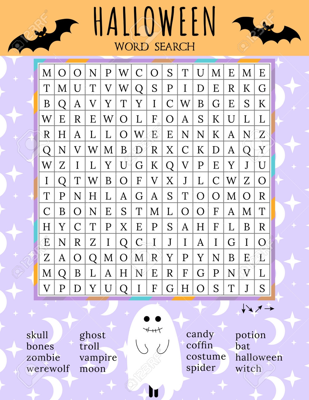 Halloween Word Search Puzzle October Crossword Game Printable Worksheet For Learning English Words Autumn Theme Find 16 Hidden Words Party Card Vector Illustration Of Ghost Character Royalty Free SVG Cliparts Vectors And