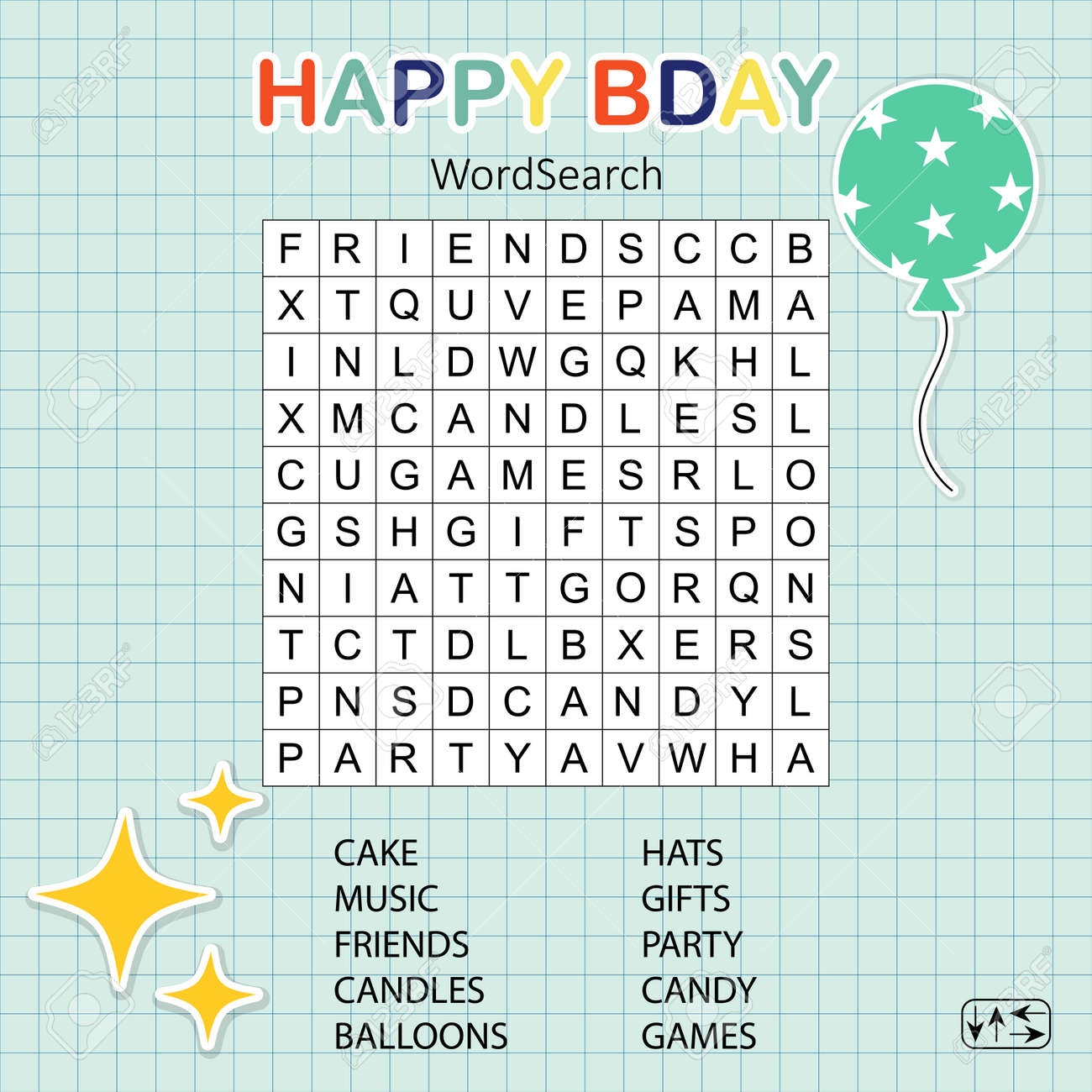 Happy Birthday Word Search Puzzle Educational Game For Kids Crossword Suitable For Social Media Post olorful Worksheet For Learning English Words Royalty Free SVG Cliparts Vectors And Stock Illustration Image 164503636 