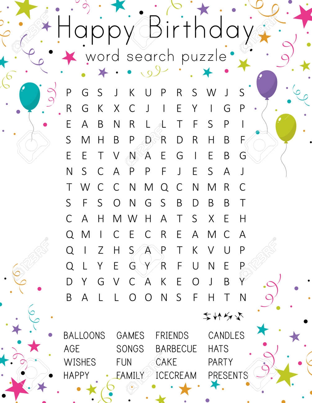 Happy Birthday Word Search Puzzle Educational Game For Kids Crossword Suitable For Social Media Post olorful Worksheet For Learning English Words Royalty Free SVG Cliparts Vectors And Stock Illustration Image 164503638 