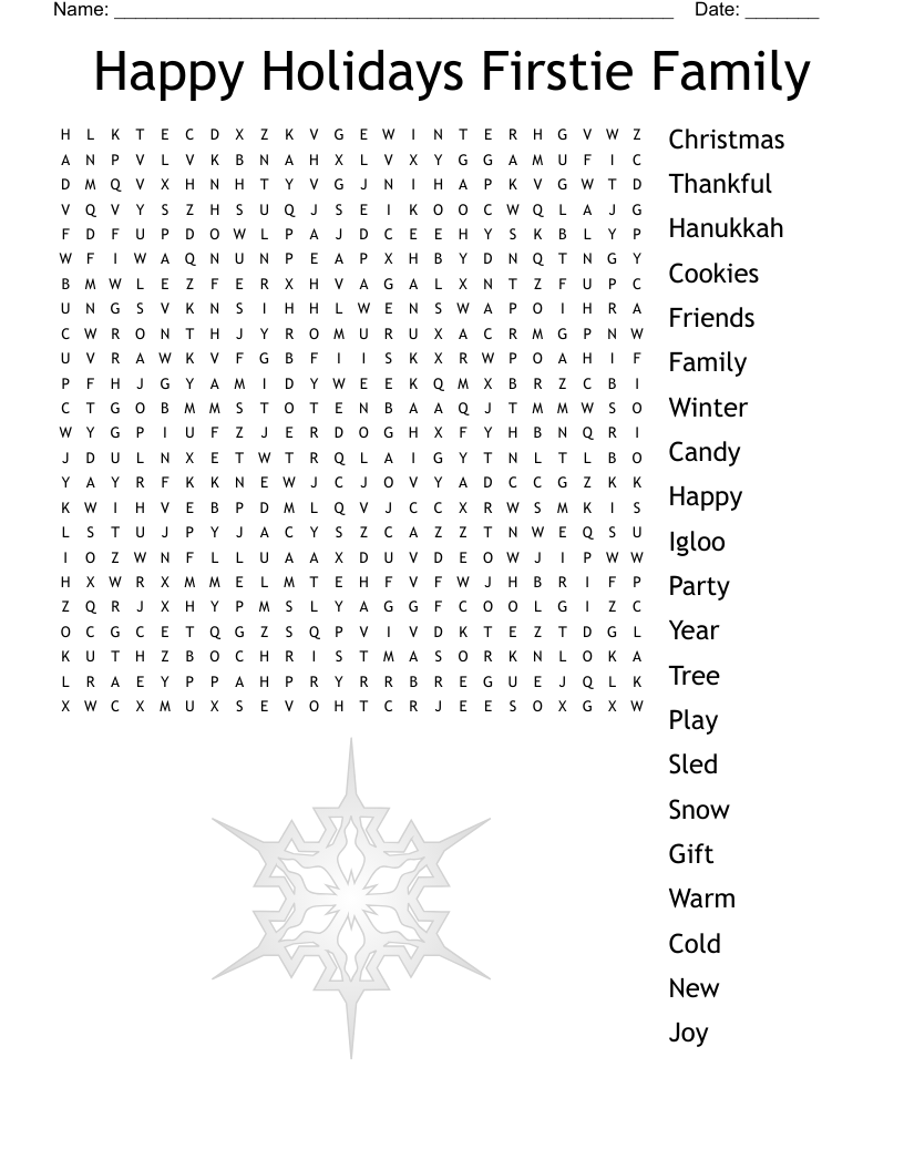 Happy Holidays Firstie Family Word Search WordMint