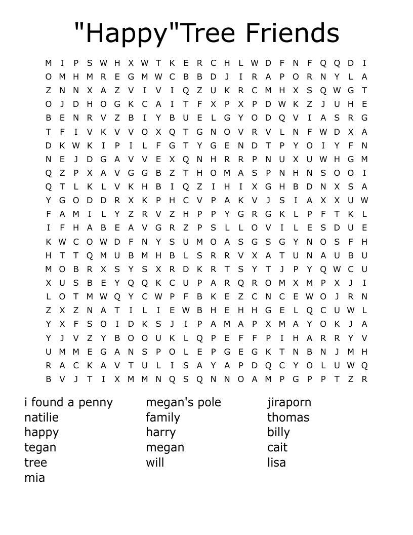 Happy Tree Friends Word Search WordMint
