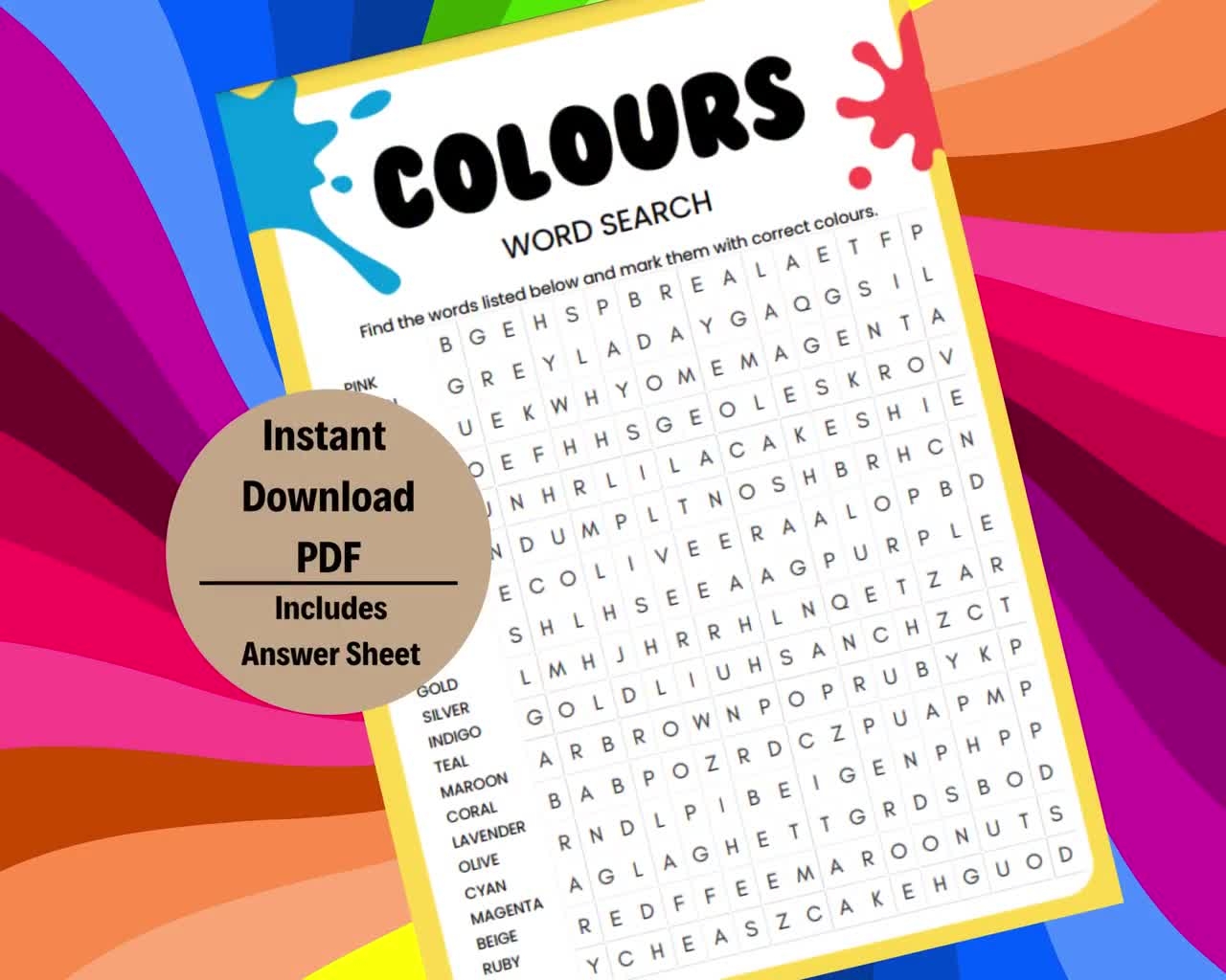 Hard Colours Word Search Printable Word Search Games Printable Word Games Printable Puzzle Word Search For Bathroom Etsy