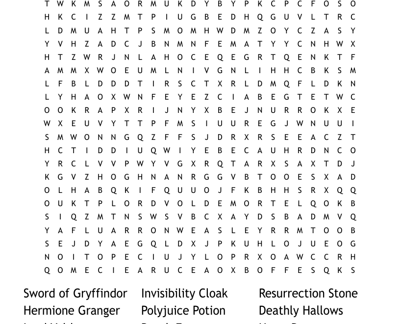Harry Potter And The Deathly Hallows Word Search WordMint
