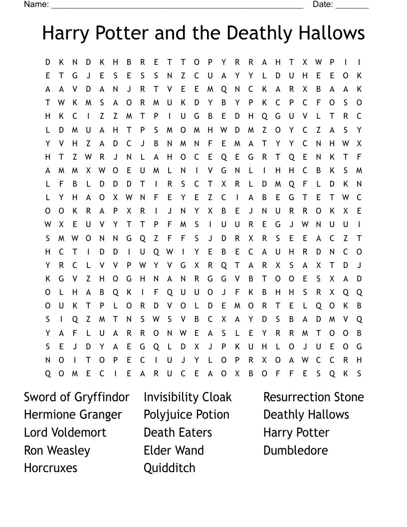 Harry Potter And The Deathly Hallows Word Search WordMint