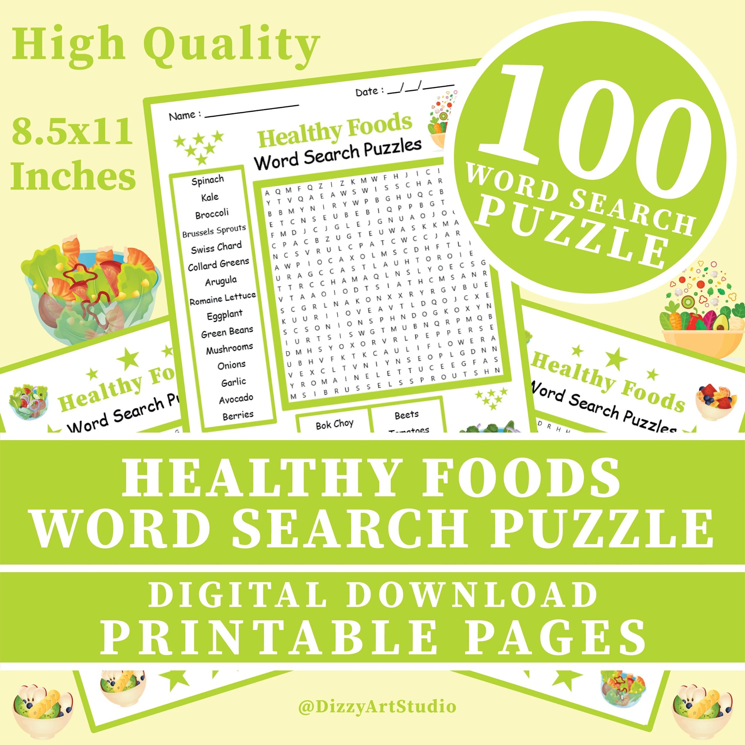 Healthy Foods Word Search Puzzle Worksheet Activity 100 Printable Puzzle Pages For Kids Adults With Solutions Instant Download PDF Etsy