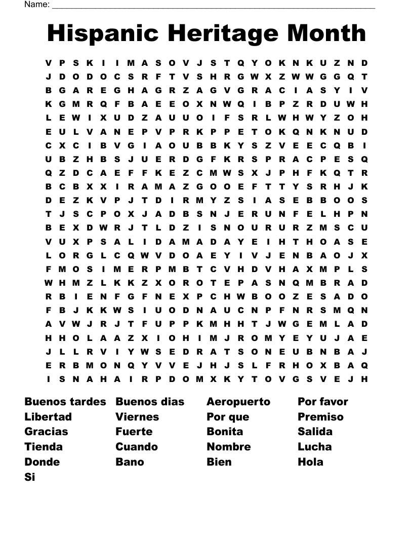 Hispanic Heritage Month Word Search WordMint