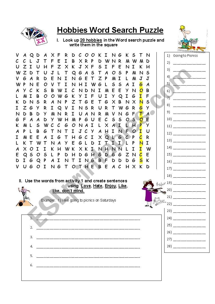 Hobbies Word Search Puzzle ESL Worksheet By General laton