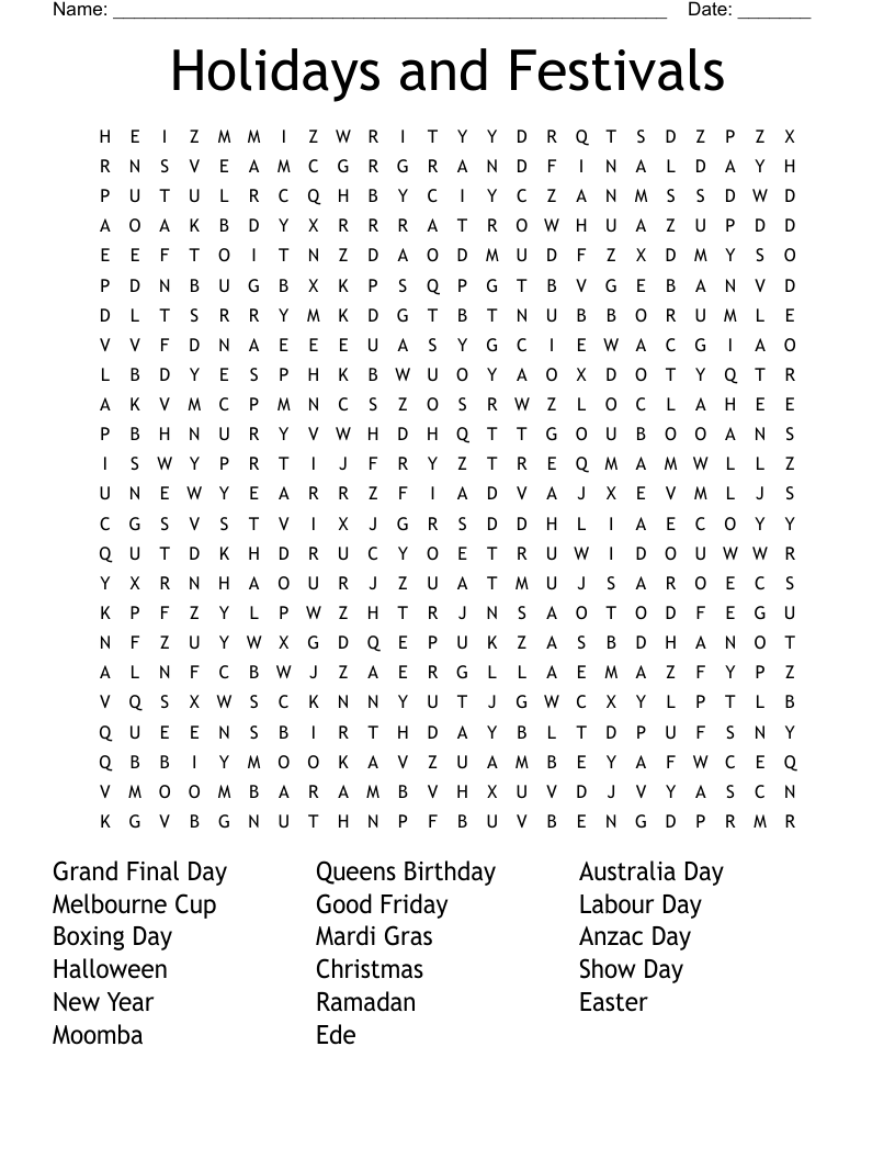 Holidays And Festivals Word Search WordMint