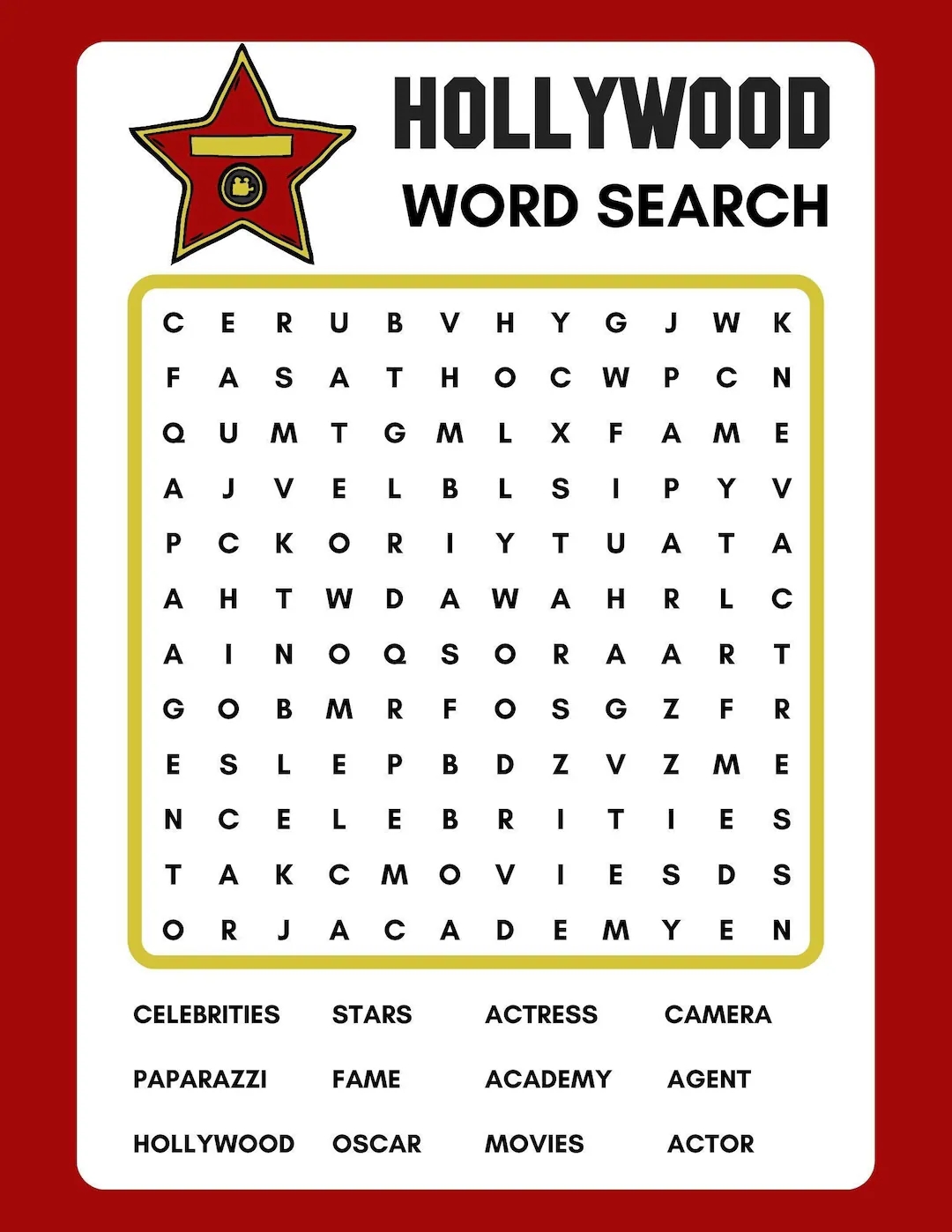 Hollywood Word Search Printable Instant Download PDF Etsy