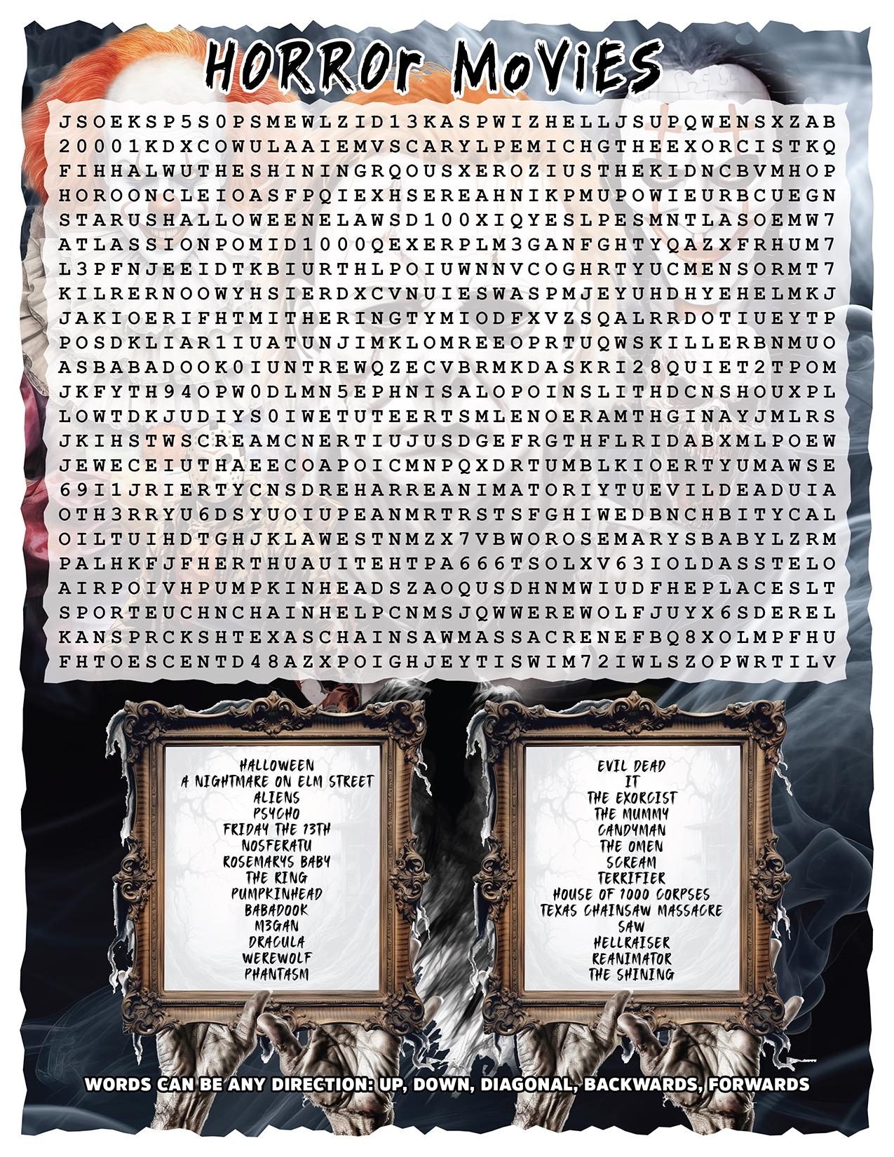 Horror Movie Printable Word Search Halloween Adult Party Games Horror Film Downloadable thriller Movie Games Halloween Word Find Etsy