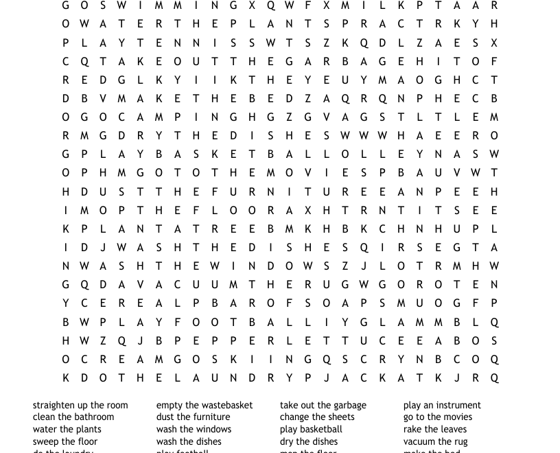Housework And Leisure Word Search WordMint