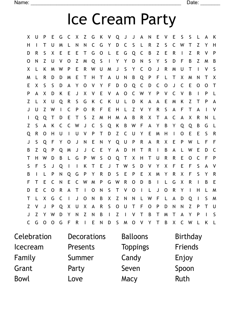 Ice Cream Party Word Search WordMint