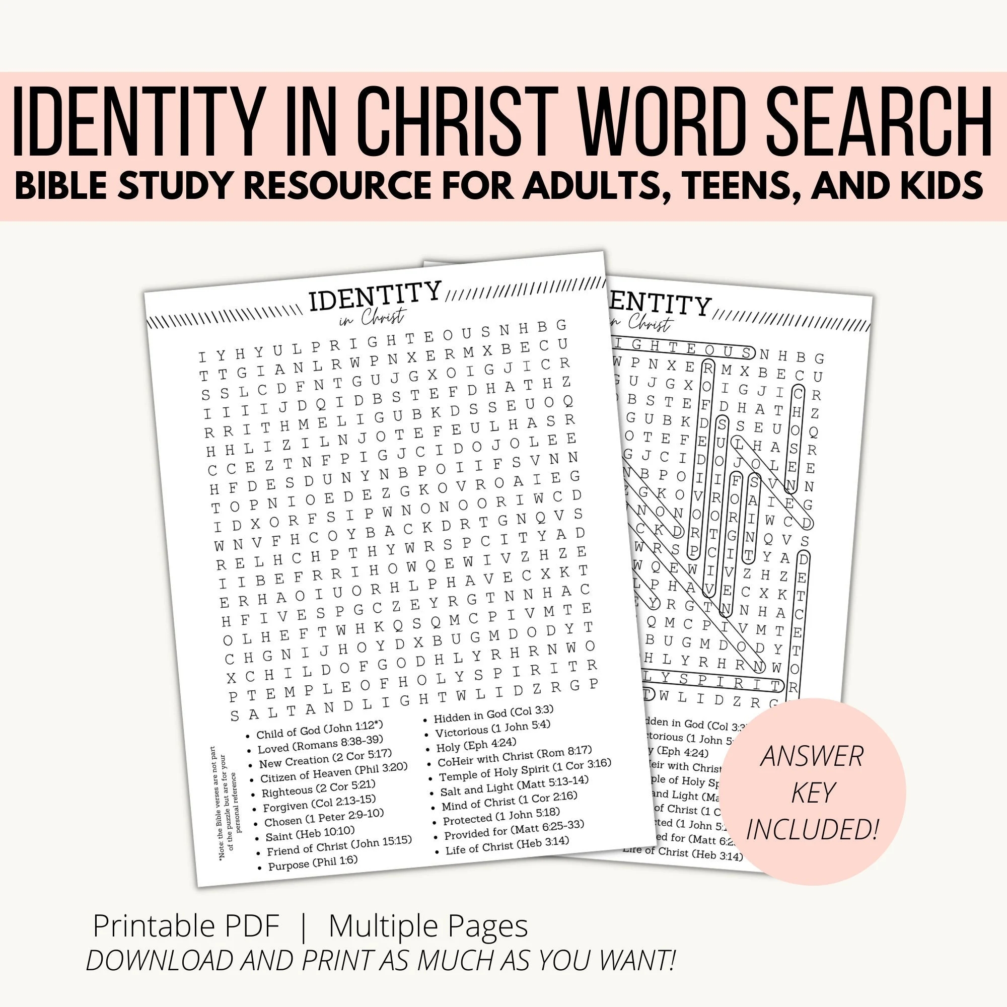 Identity In Christ Word Search Printable Christian Word Search Bible Study Resource For Adults Teens And Kids Family Friendly Game Etsy
