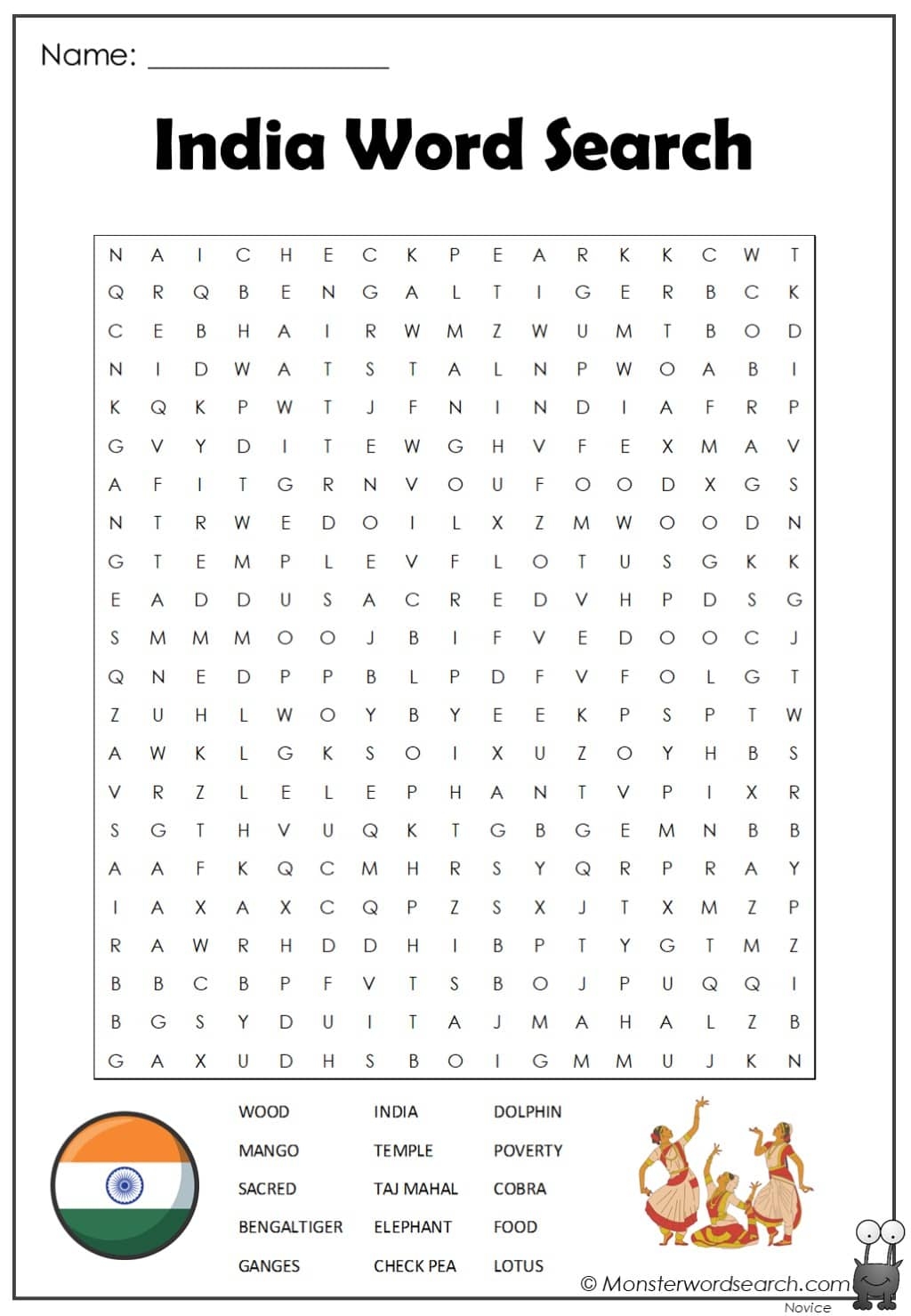 India Word Search Monster Word Search