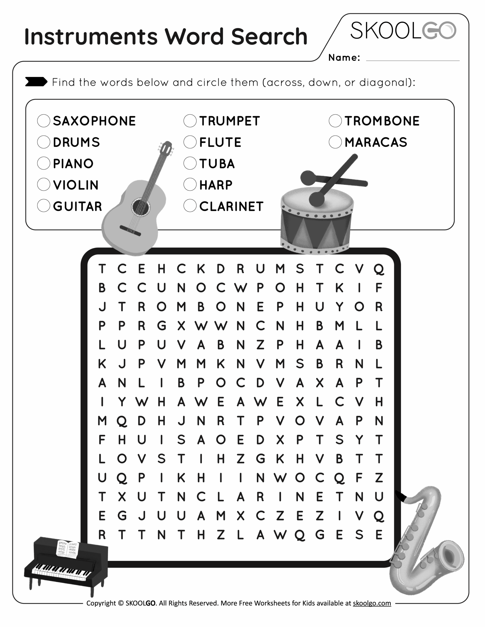 Instruments Word Search Free Game For Kids SKOOLGO