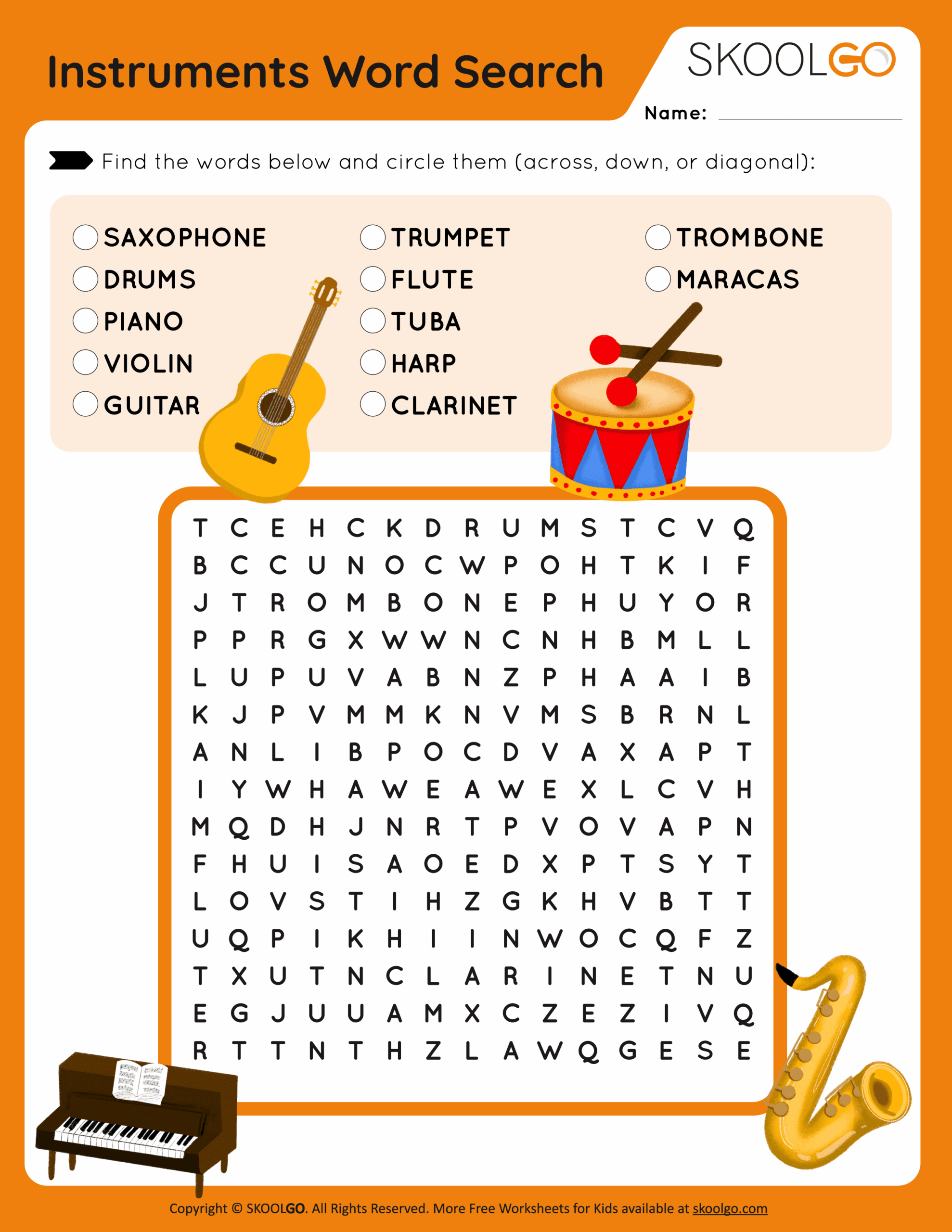 Instruments Word Search Free Game For Kids SKOOLGO