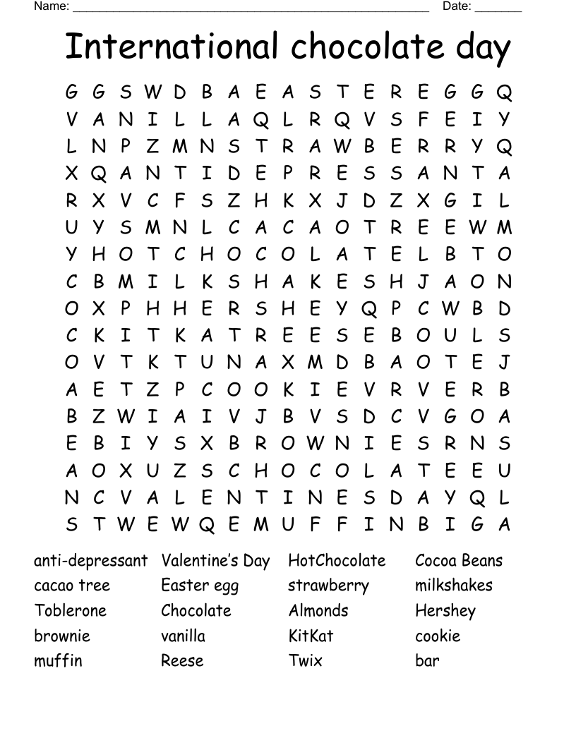 International Chocolate Day Word Search WordMint