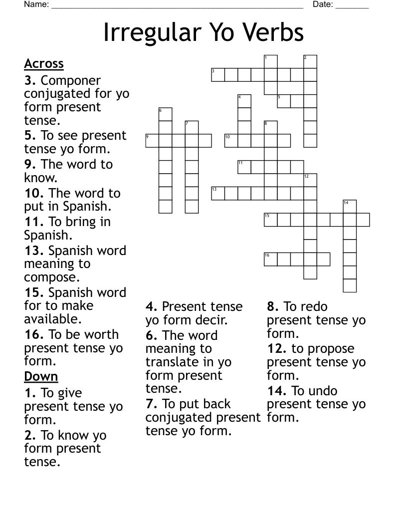 Irregular Yo Verbs Crossword WordMint Irregular Yo Verbs Crossword WordMint