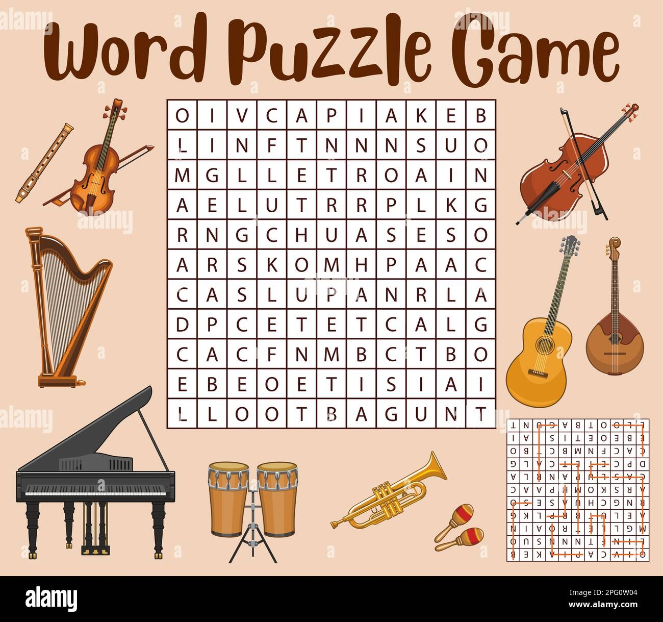 Isolated Musical Instruments Word Search Puzzle Game Worksheet Kids Quiz Vector Word Riddle With Classic Acoustic Flute Violin And Harp Piano Dr Stock Vector Image Art Alamy