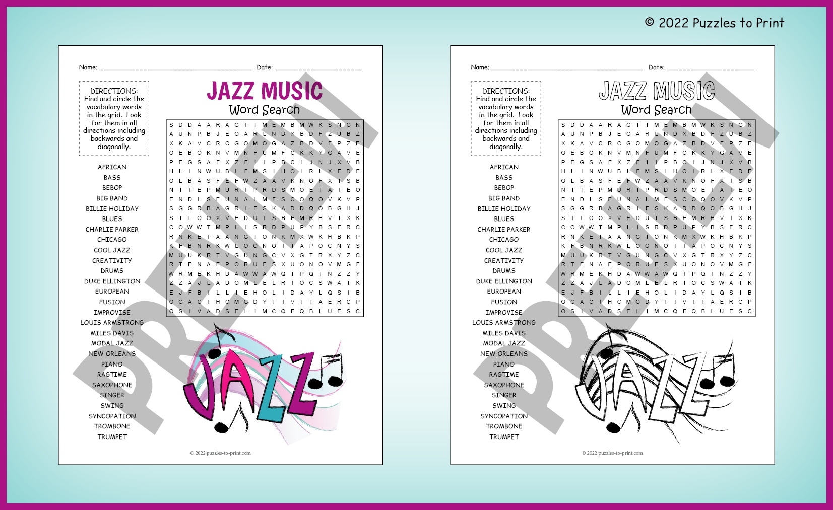 JAZZ MUSIC Word Search Puzzle Worksheet Activity Made By Teachers