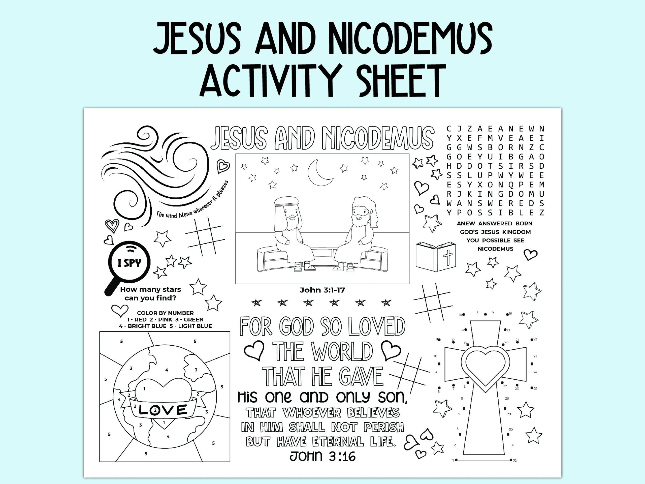 Jesus And Nicodemus Activity Sheet Children s Church Activity Bible Activity Placemat For Sunday School Bible Class And Homeschool Etsy