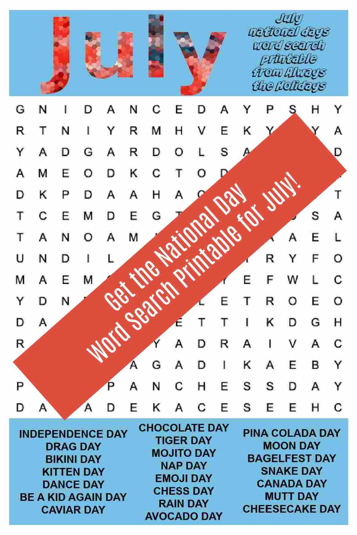 July Word Search Printable National Days Word Find Puzzle