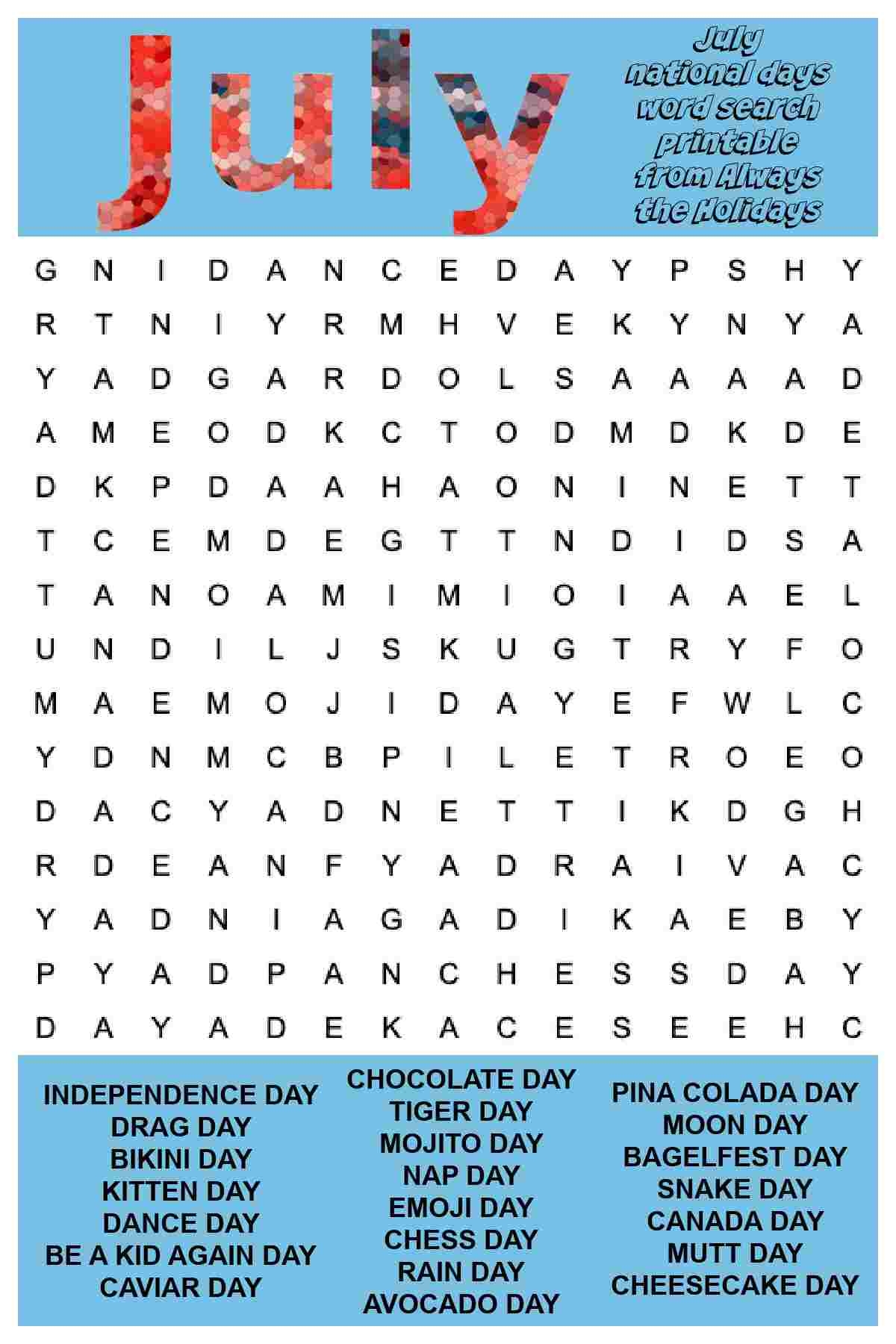 July Word Search Printable National Days Word Find Puzzle