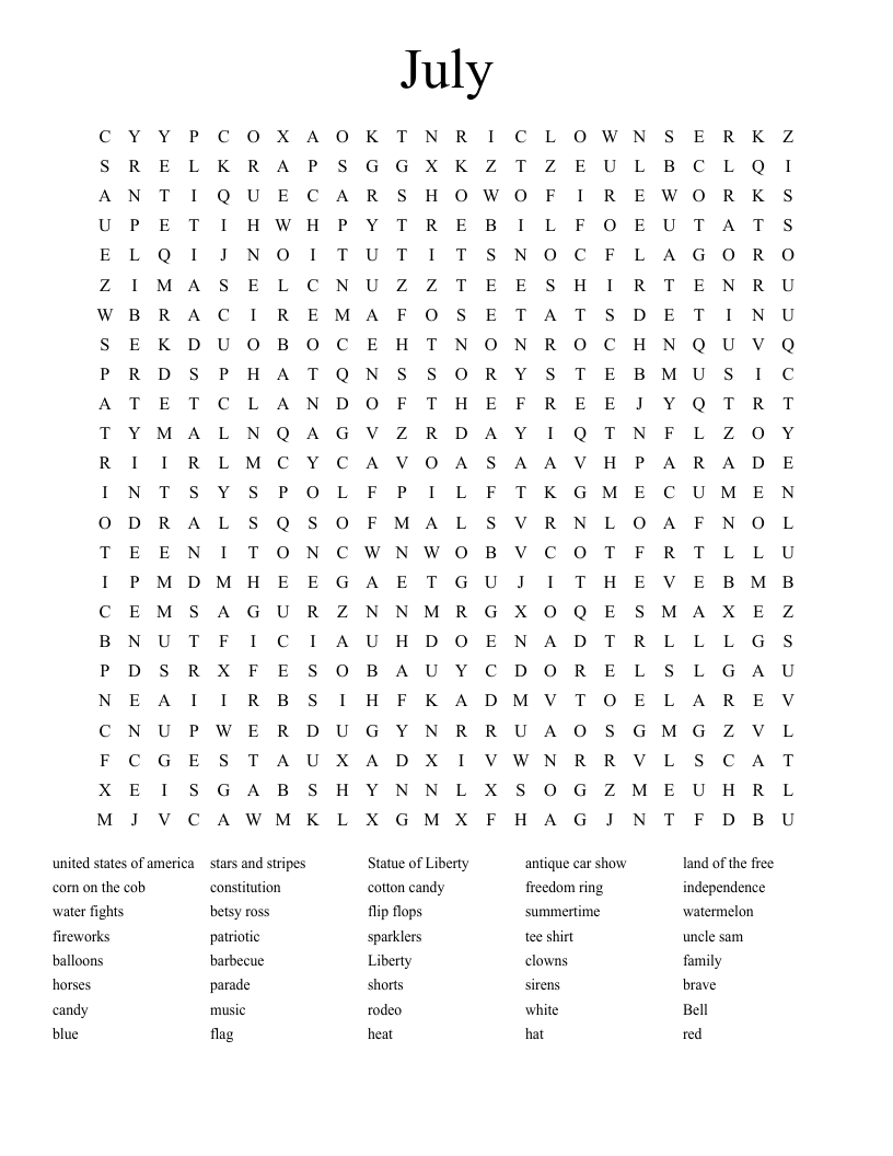 July Word Search WordMint