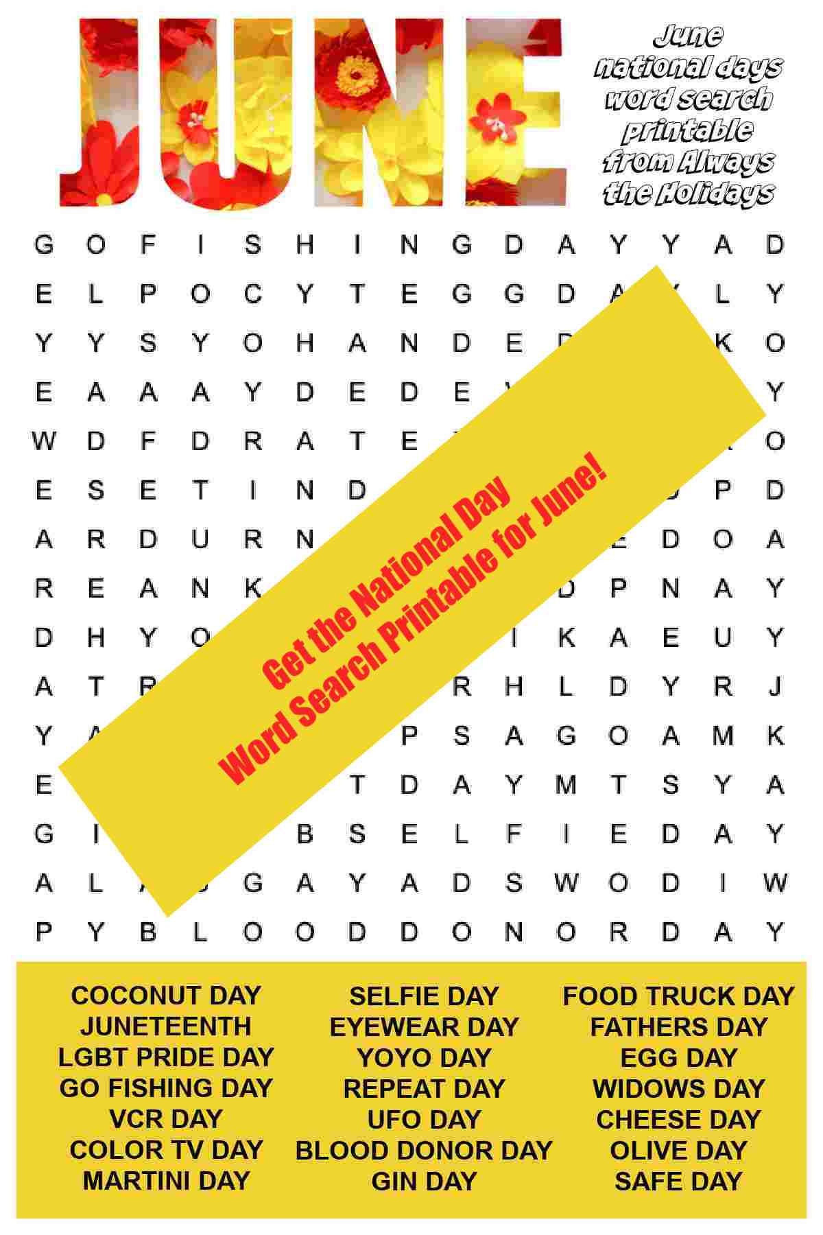 June Word Search Printable National Days Word Find Puzzle
