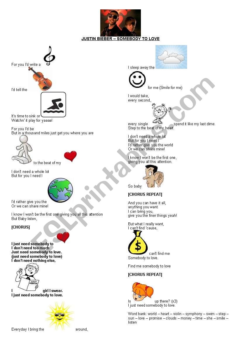 Justin Bieber Somebody To Love ESL Worksheet By Kamui