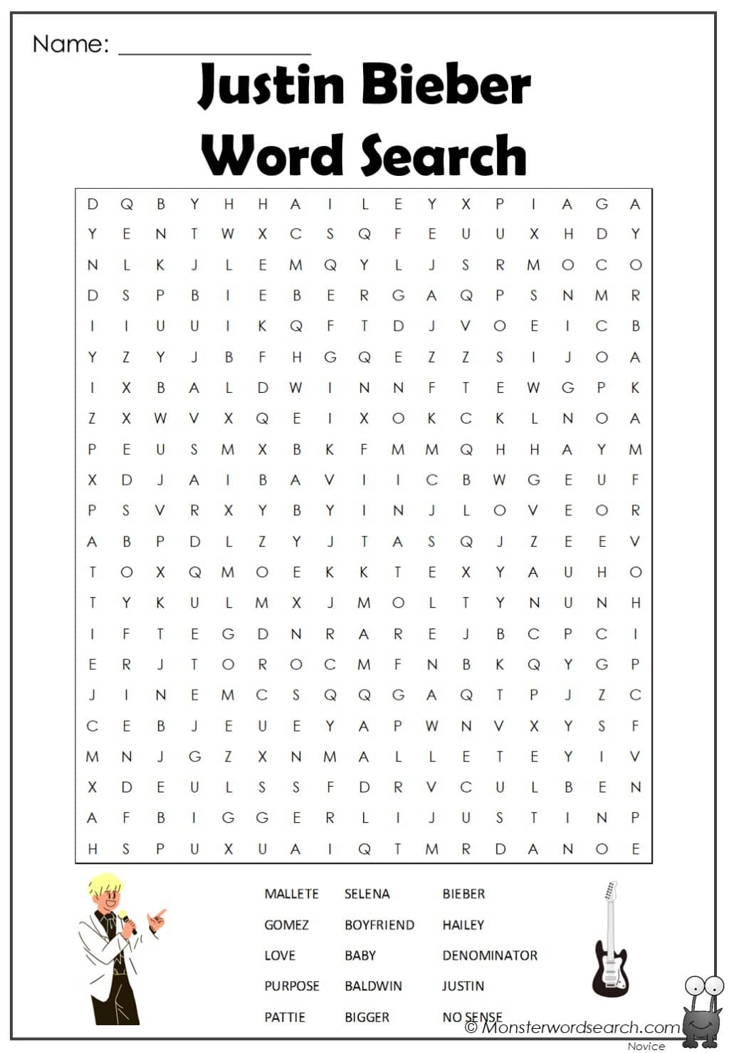 Justin Bieber Word Search Monster Word Search