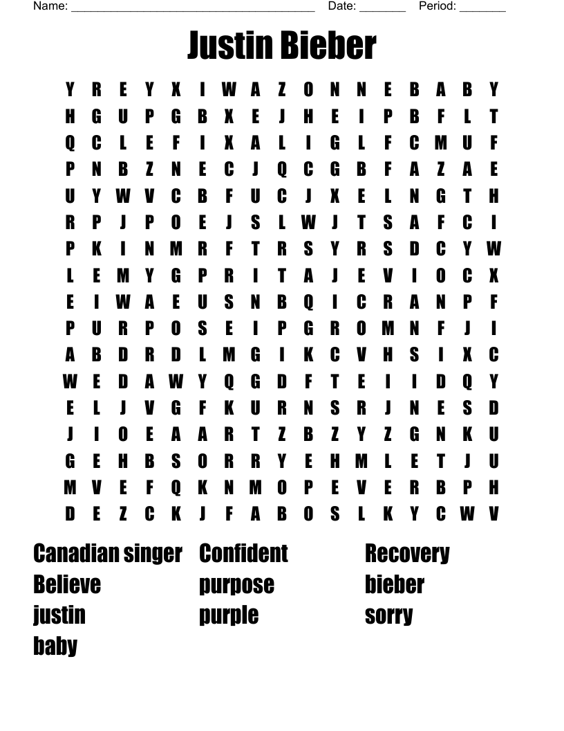 Justin Bieber Word Search WordMint