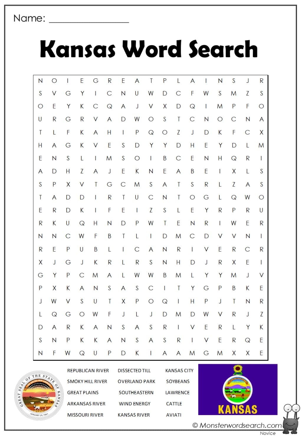 Kansas Word Search Monster Word Search