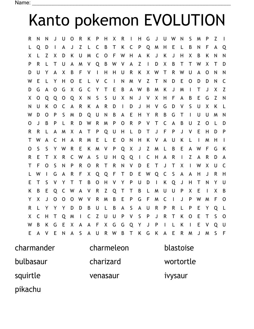 Kanto Pokemon EVOLUTION Word Search WordMint