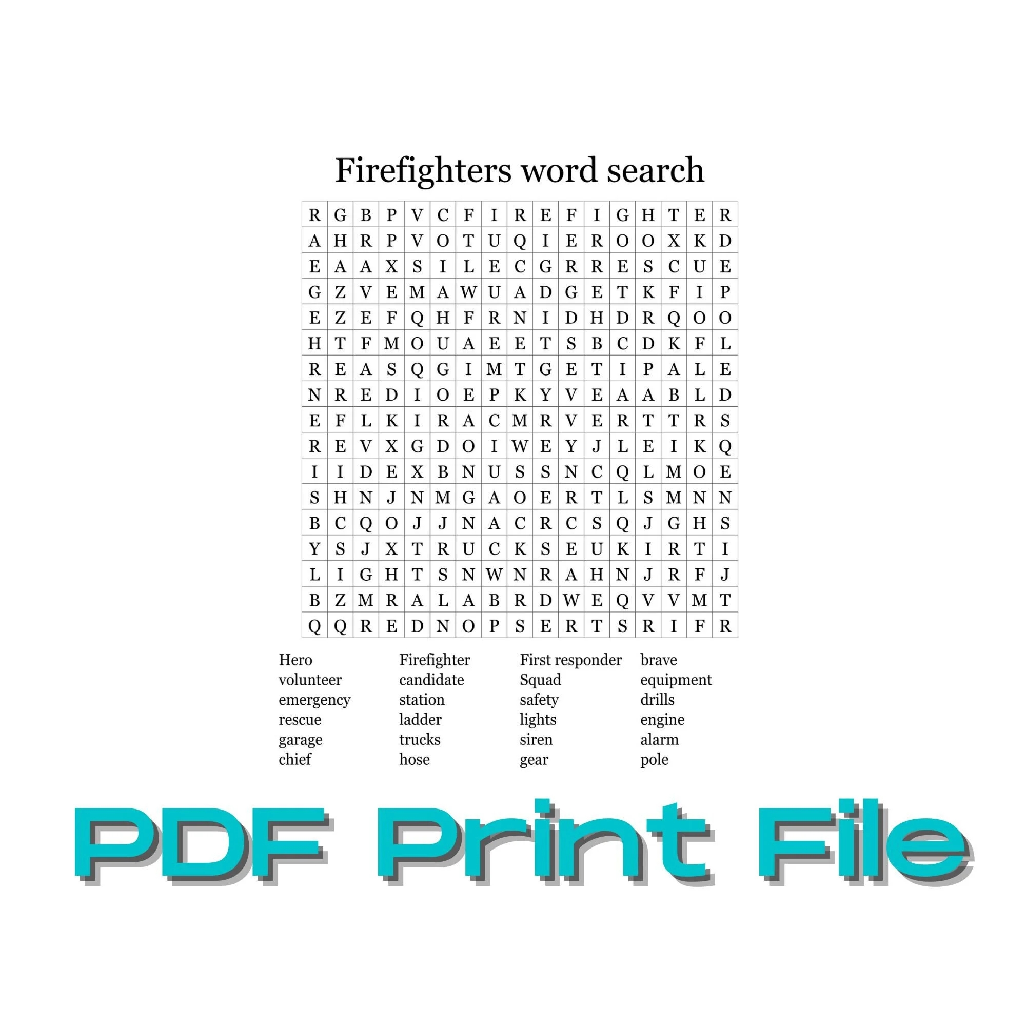 Kid s Firefighter s Word Search PDF Instant Digital Download Printable Download Classroom Activity Childrens Birthday Party Activity Etsy
