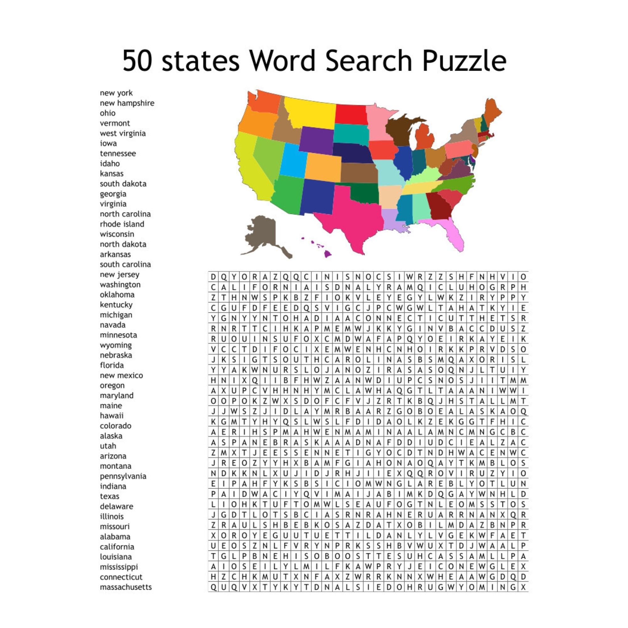 Kids 50 US States Word Search PDF Instant Digital Download Printable Download Classroom Activity Childrens Birthday Party Activity Etsy