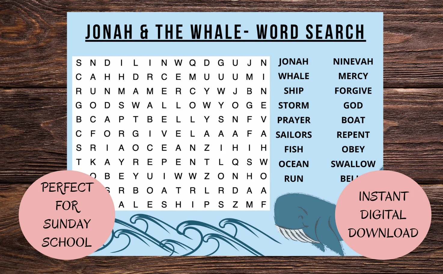 KIDS JONAH And WHALE Word Search Sunday School Bible Study Easter Celebration Church Groups Christian Meetings Etsy